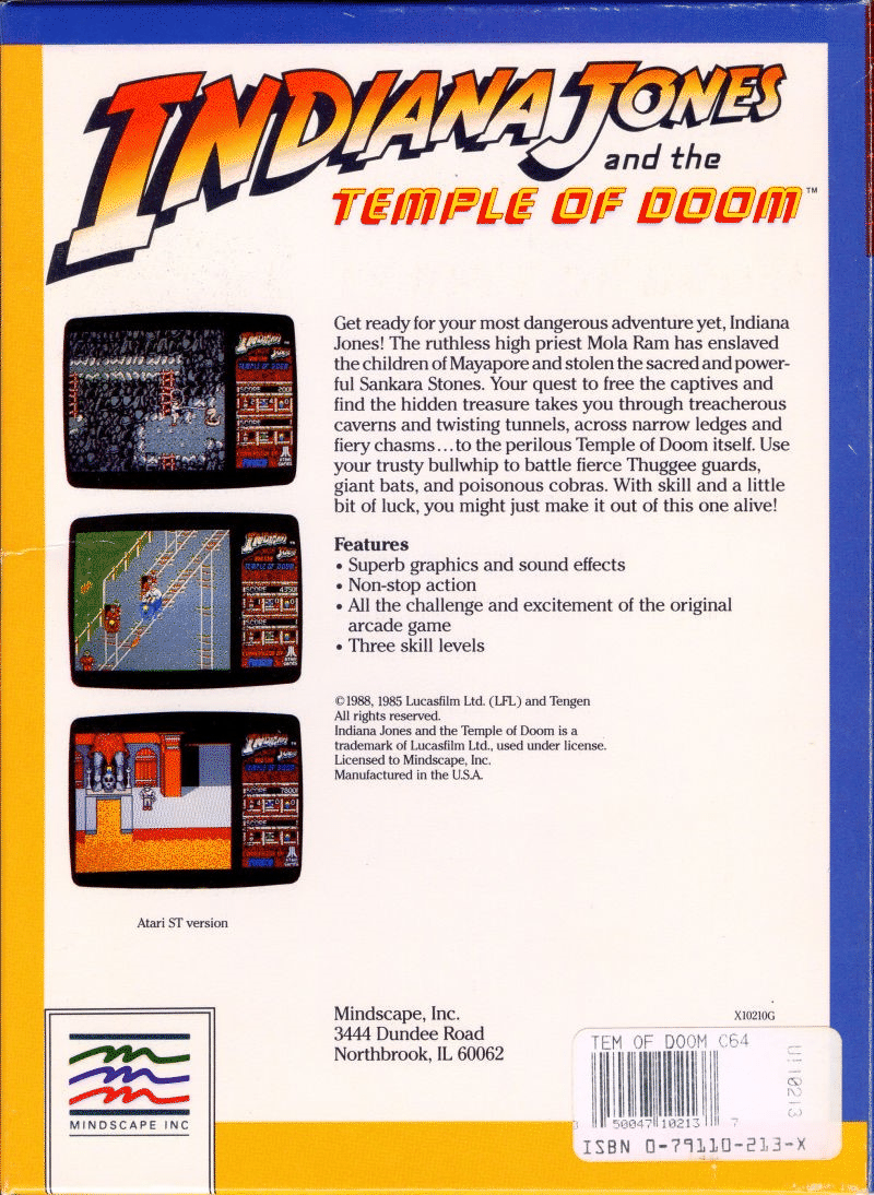 Indiana Jones and the Temple of Doom box art for Commodore 64